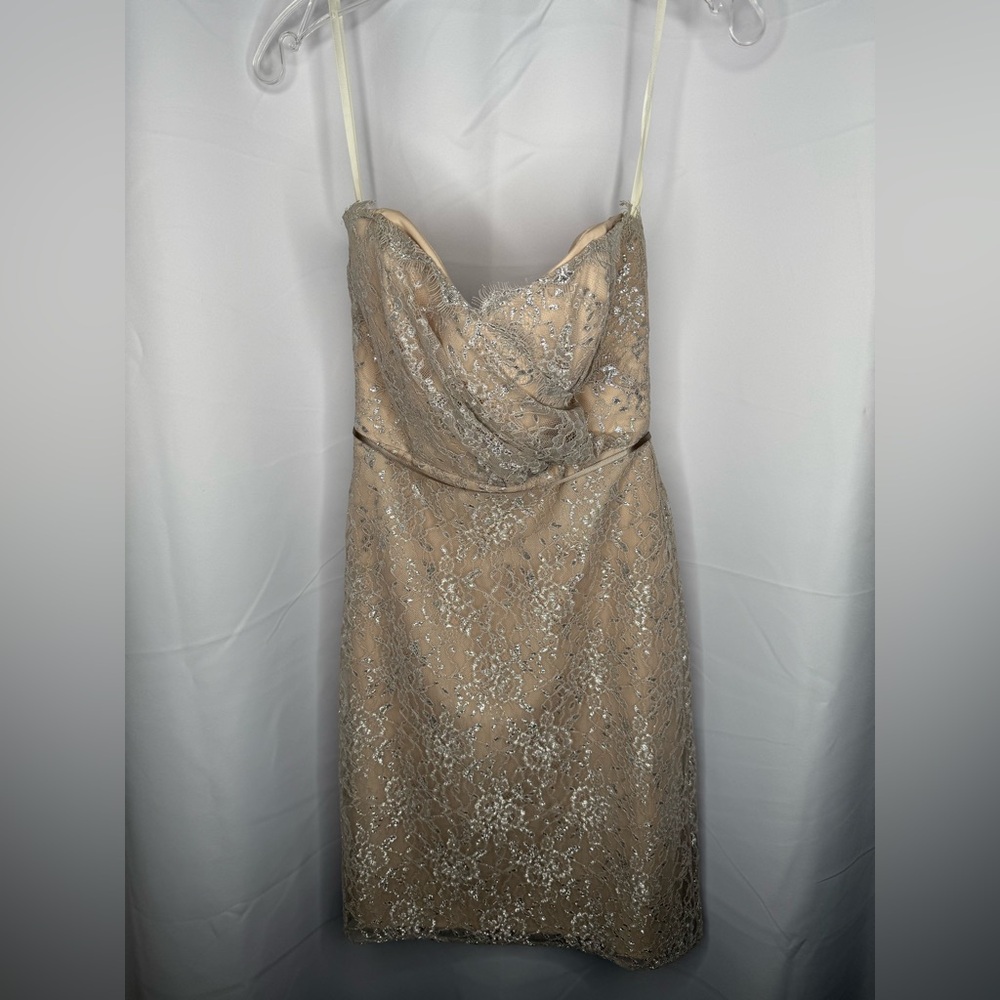 ALVINA VALENTA MAIDS Women’s Beige Silver Lace Overlay Strapless Formal Dress